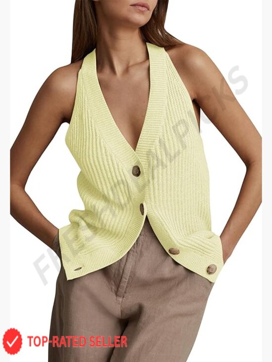 Sweaters - Button-Front Sweater Vest V-Neck Sleeveless Knit Tank Fitted Halter Cardigan